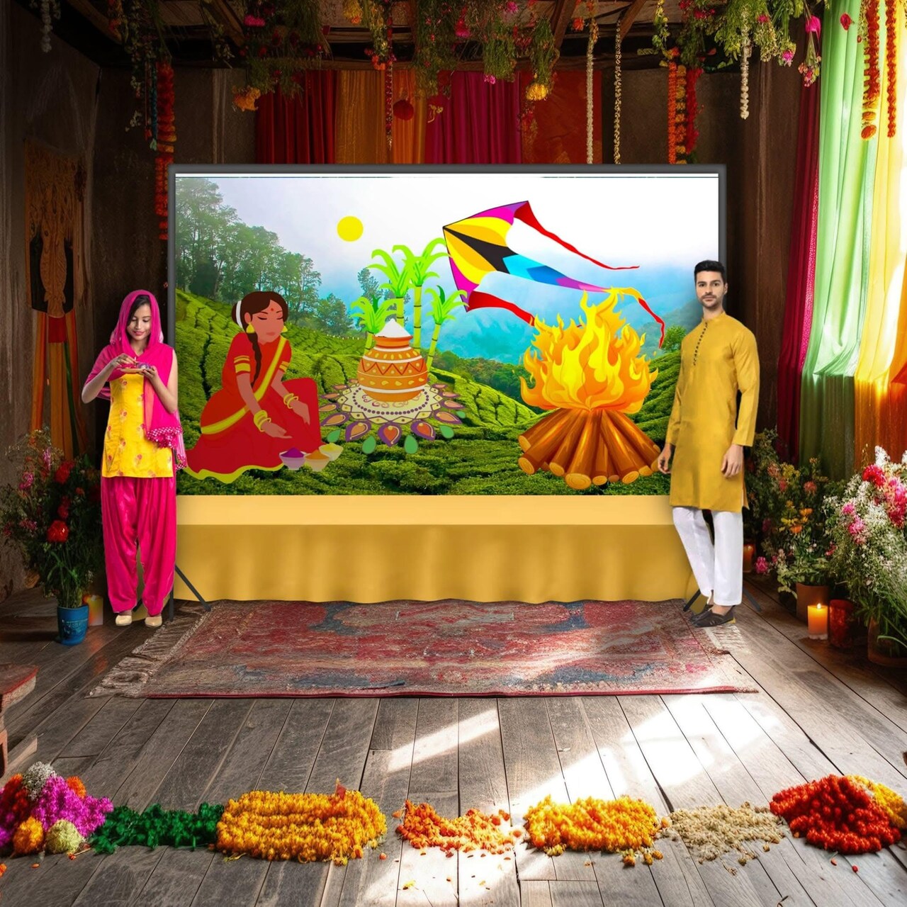 Happy Lohri Backdrop Banner - Indian Traditional Cloth 5x8 Feet Backdrop Pongal Backdrop Makar Sankranti Decor Wall Art Photo Decor Banner Indian Harvesting Festival Bonfire Photography